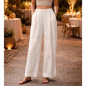 FLAX 100% Linen Wide Leg Pants Womens Small White Elastic Waist Pockets Small